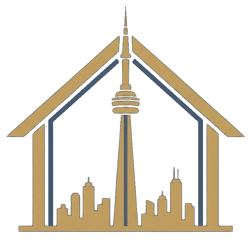 Yorkville Renovations logo featuring a single house roof, Toronto skyline, and centered CN Tower silhouette